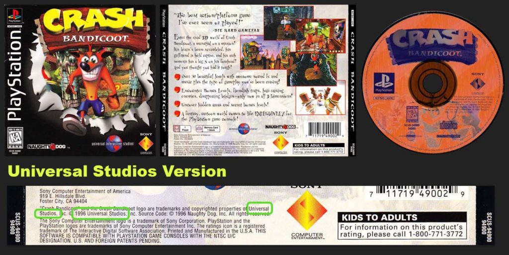 PSX PlayStation Crash Bandicoot Original Release Universal Studios Variant