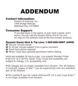 PlayStation PSX Konami Addendum Sheet