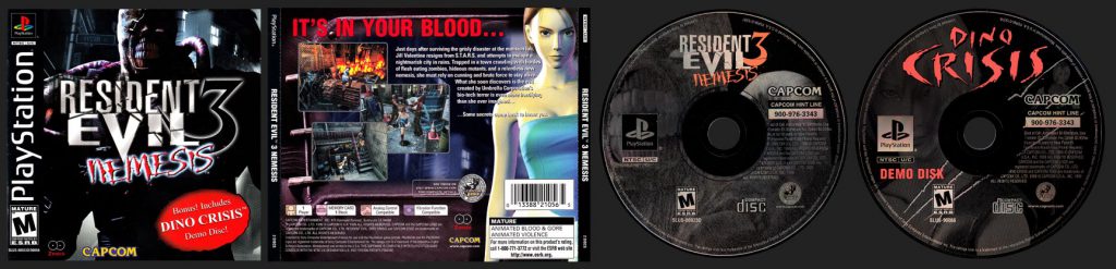 PSX PlayStation Resident Evil 3 Nemesis with Dino Crisis Demo Slim Double Jewel Case Black Label Release