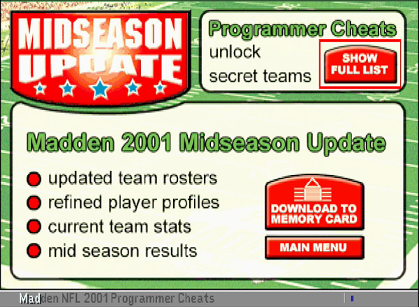PlayStation GameShark Football Midseason Update - 200-2001 Season (Madden NFL 2001)