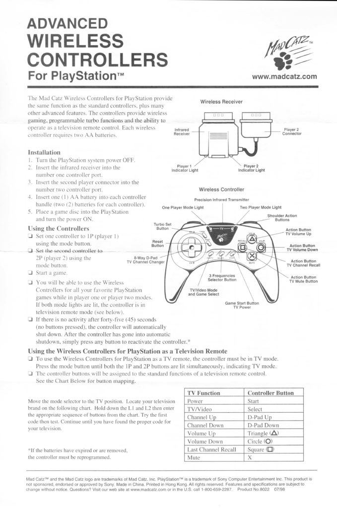 PSX Madcatz Advanced Wireless Controller Manual Page 1